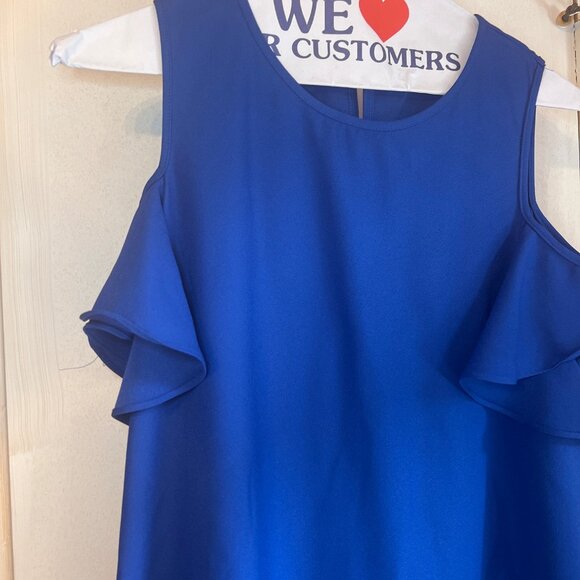 Cold Shoulder Royal Blue Dress With Ruffle Sleeves & Back Zipper Closure - Picture 2 of 5